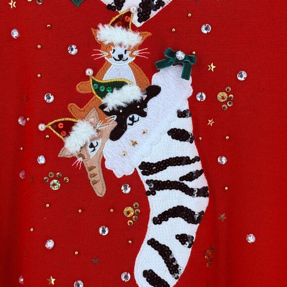 Jack B Quick Christmas Kitten Cat Sequin Embellished Sweater Womens Sz L Holiday - Picture 4 of 9